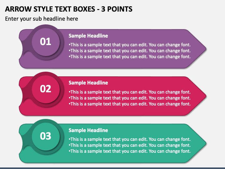 Arrow Style Text Boxes - 3 Points PPT Slide 1