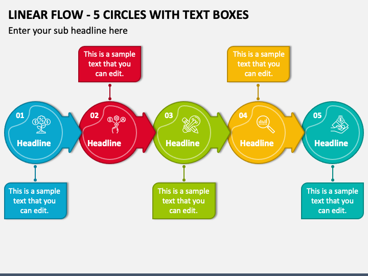 Linear Flow - 5 Circles with Text Boxes PPT Slide 1