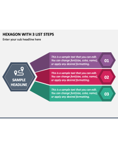 Hexagon with 3 List Steps PPT Slide 1