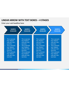 Linear arrow with text boxes - 4 stages PPT slide 1