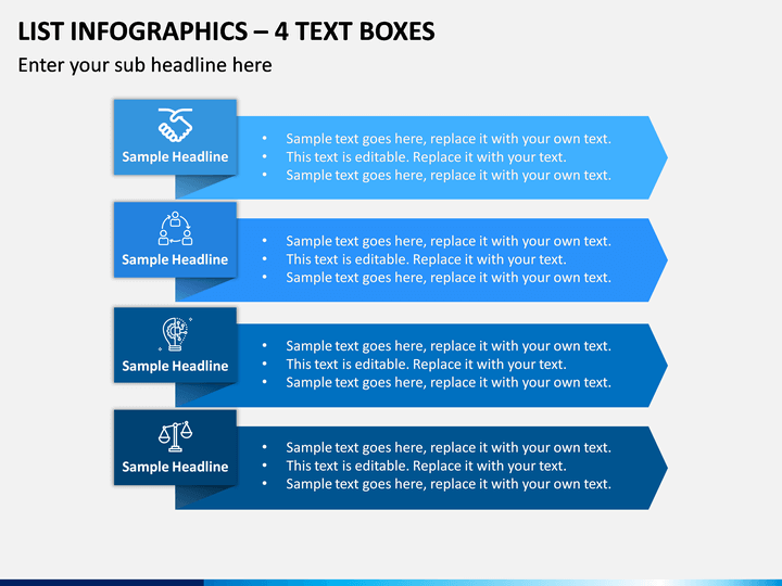 List Infographics – 4 Text Boxes PPT slide 1