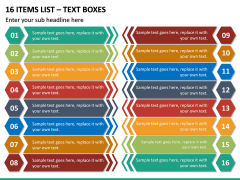 16 Items List – Text Boxes PPT slide 2