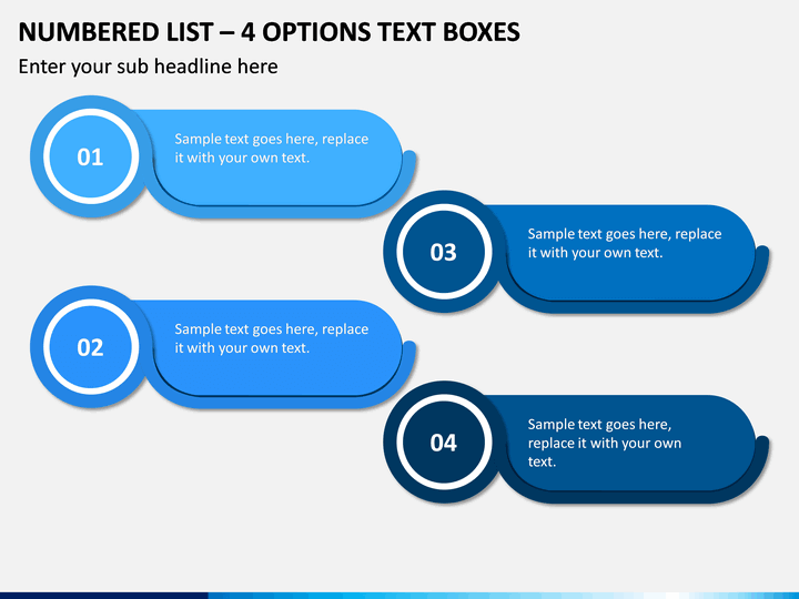 Numbered List – 4 Options Text Boxes PPT slide 1