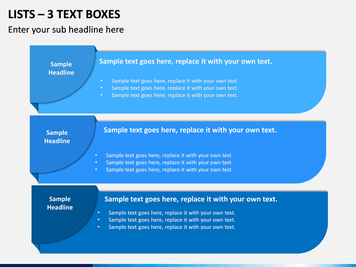 Lists – 3 Text Boxes PPT slide 1