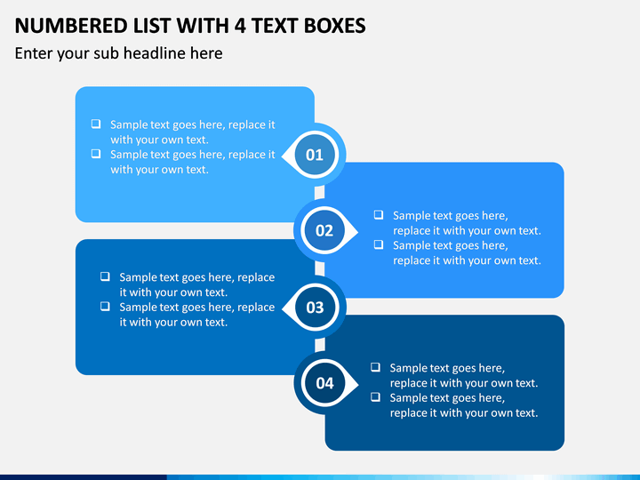 Numbered List with 4 Text Boxes PPT slide 1