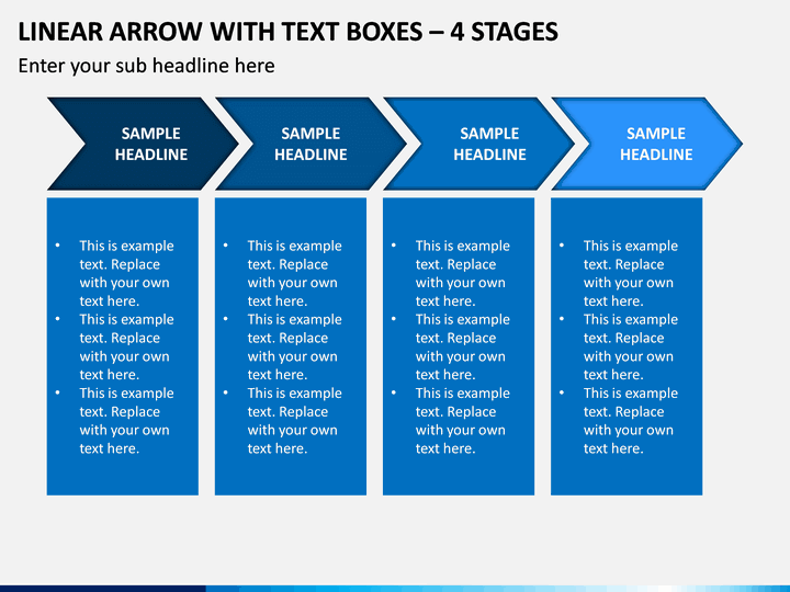 Linear arrow with text boxes - 4 stages PPT slide 1