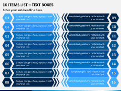 16 Items List – Text Boxes PPT slide 1