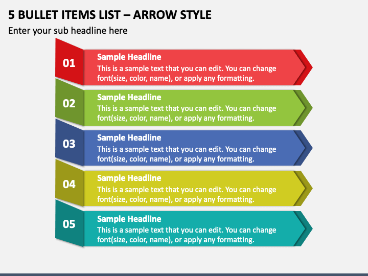 5 Bullet Items List - Arrow Style PPT Slide 1