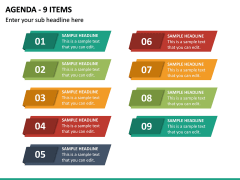 Agenda - 9 Items PPT Slide 2