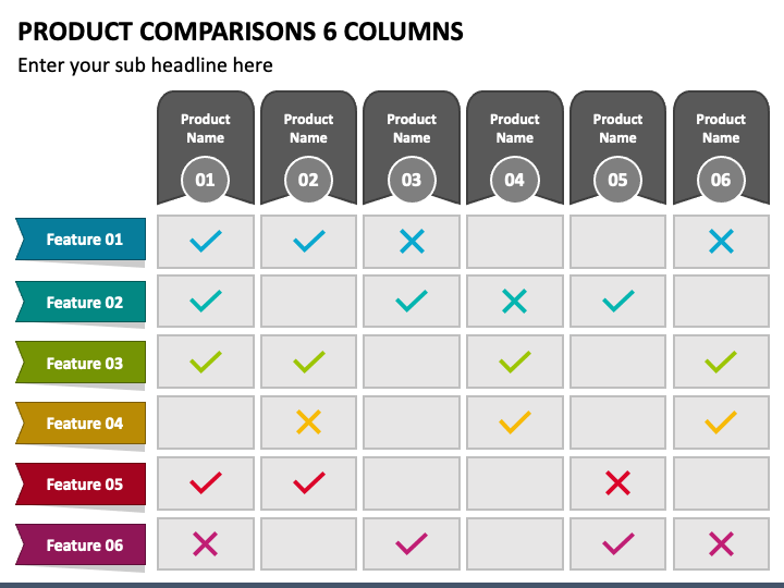 Product Comparisons - 6 Columns PPT Slide 1