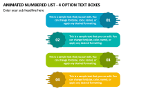 Animated Numbered List - 4 Option Text Boxes PPT Slide 1