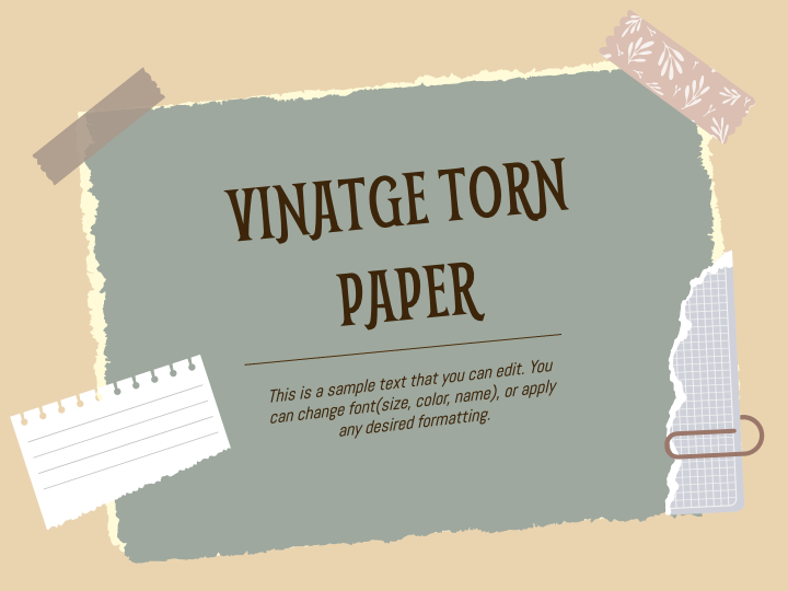 Giao diện powerpoint Torn paper mang lại một cảm giác tuyệt vời của sự cũ kỹ và sơ khai. Những mảnh giấy rách, những đường cắt xén trên mỗi trang đều gợi lên trong bạn những kỷ niệm tuổi thơ đáng nhớ.