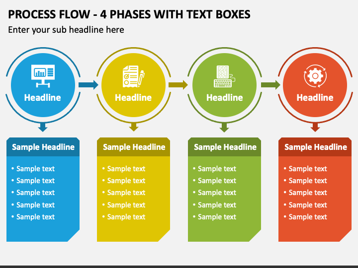 Process Flow - 4 Phases with Text Boxes PPT Slide 1