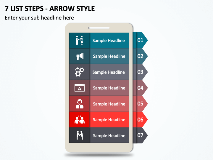 7 List Steps - Arrow Style PPT Slide 1