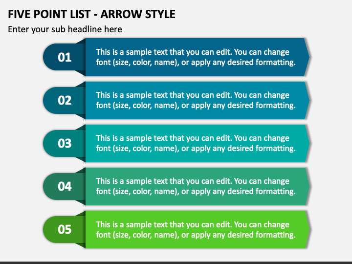 Five Point List - Arrow Style PPT Slide 1