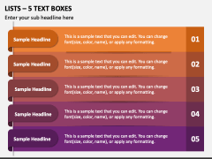 Lists - 5 Text Boxes PPT Slide 1