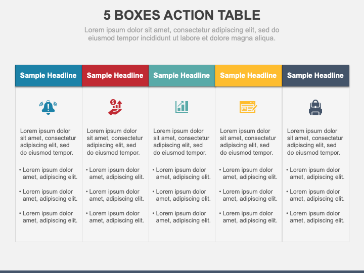 5 Boxes Action Table PPT Slide 1