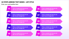 10 Steps Arrow Text Boxes - List Style PPT Slide 1