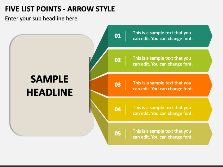 Five List Points - Arrow Style PPT Slide 1