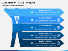 Slide Man With 5 List Options PPT Slide 1