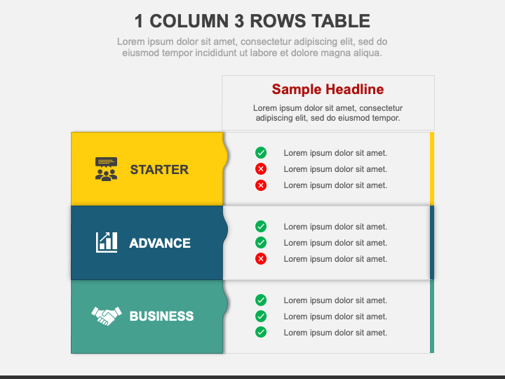 1 Column 3 Rows Table for PowerPoint and Google Slides - PPT Slides